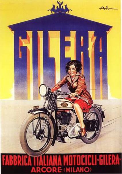 Il manifesto di Armando Pomi, del 1932, reclamizza una Gilera, guidata sportivamente (fatto eccezionale) da una giovane donna .